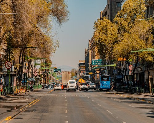 Public transportation view in a busy Peruvian avenue